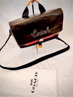 Coach Black Leather Messenger Bag with Pink Accent and Orange Handle Trim